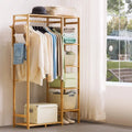 Factory Space Saving Double Tier Shoe Clothing Hanging Rack Wholesale Bamboo Garment Rack Storage Shelves with Side Hooks