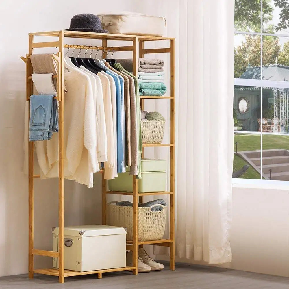 Factory Space Saving Double Tier Shoe Clothing Hanging Rack Wholesale Bamboo Garment Rack Storage Shelves with Side Hooks