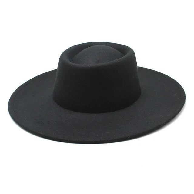 9.5CM Big Wide Brim Fedora Hat for Women Autumn Flat Top  Winter  Church Hats Versatile Felt Hat