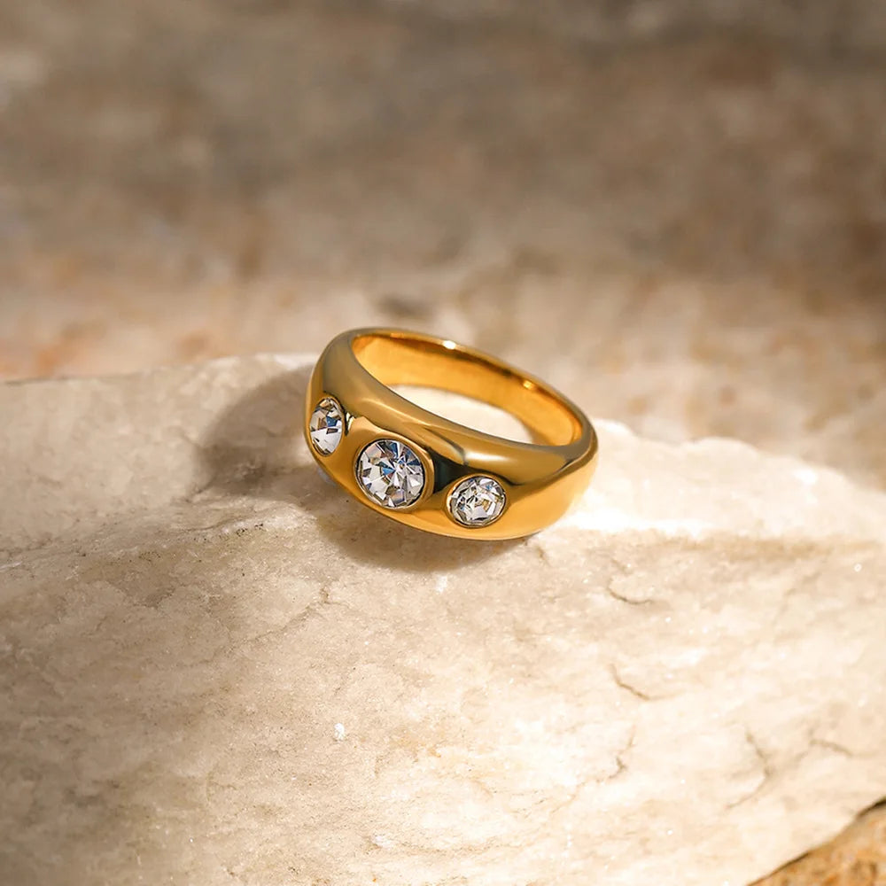 High End 18K PVD Gold Plated Three Zircon Rings Stainless Steel Tarnish Free Fashion Jewelry for Women