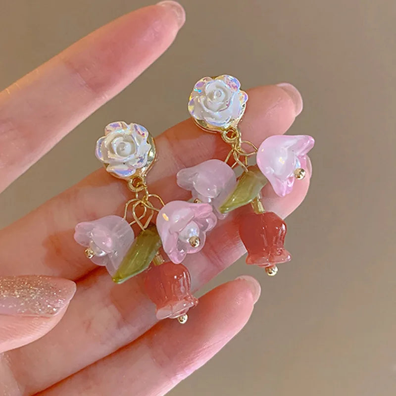Small Camellia Flower Earrings Women Fashion Elegant Acrylic Flower Petal Earrings