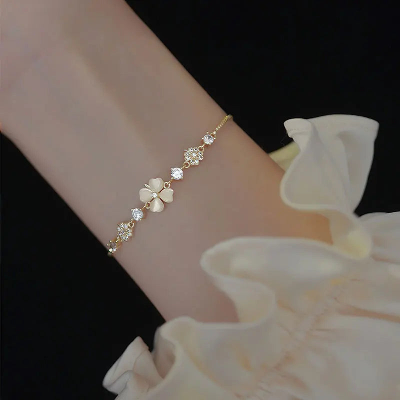 Minimalist Opal Bracelet Heart Crystal  Adjustable Four Leaf Clover Bracelet for Women