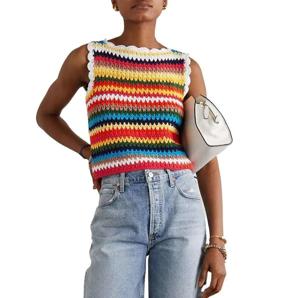 Custom OEM & ODM Crocheted Women Sweater Vest Hollow Out Hand Crocheted Knitwear Camisole Sweater Tops Sweater Vest