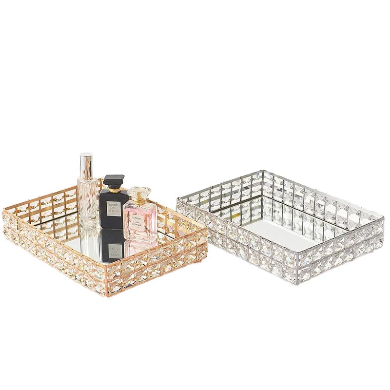Crystal Tray Light Luxury Metal Glass Tray Tea Tray Weddings Mirror Cosmetics Storage Tray Organizing Box Decorations