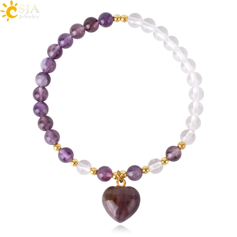 CSJA Reiki Healing Spiritual Jewelry 6mm Quartz Natural Stone Love Heart Charm Crystal Beaded Bracelet Women H045