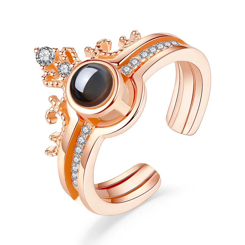 Valentine's Day Gift 100 Languages I love You Projection Ring Crown Combination Open Pair of Lovers Ring