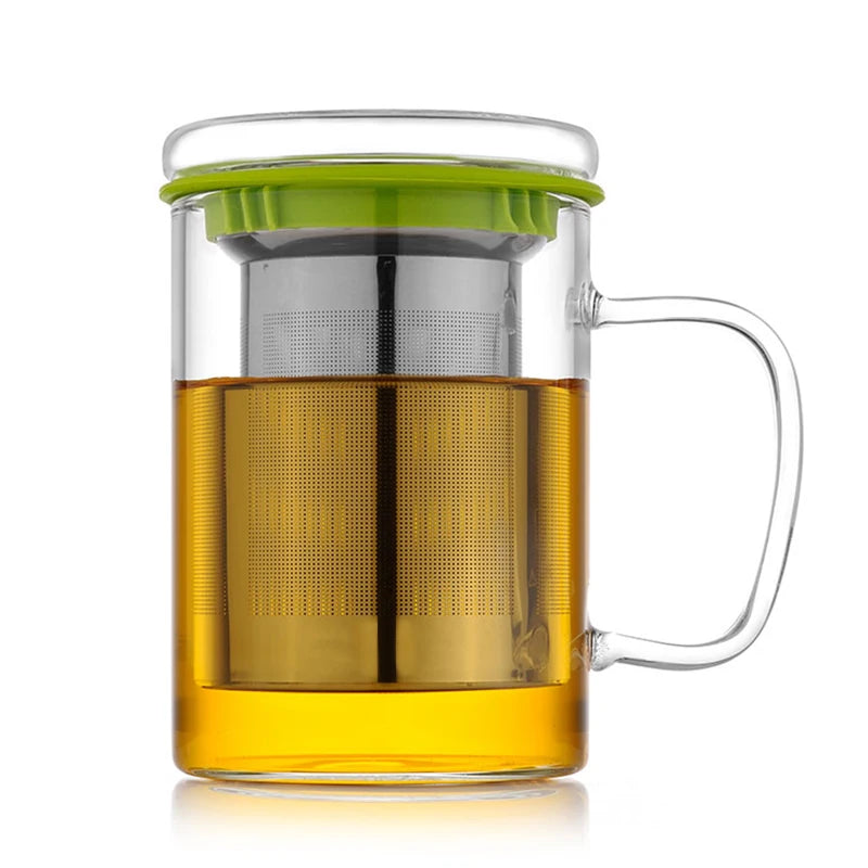 Custom Logo Glass Cup with Stainless Steel Infuser Heat Resistant Large Capacity Glass Cup