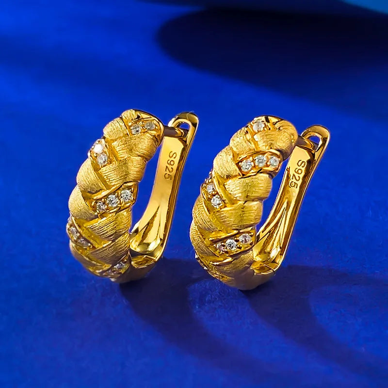 Fine Jewelry 925 Sterling Silver Gold Plated Wheat Ear Braided Brushed Earrings