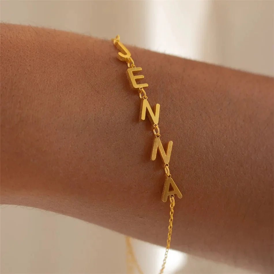 EManco Dainty Personalized Name Jewelry Women Custom Gold Color 26 Initial Letters Name Bracelet 316L Stainless Steel