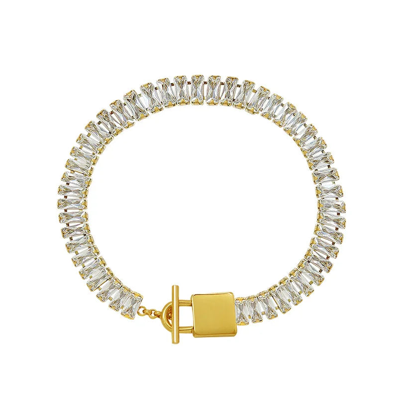 Wholesale Tarnish Free 18K Gold Plated Stainless Steel Cubic Zirconia Diamond Crystal Tennis Chain Lock Padlock Bracelet YF2550 MegaBDM