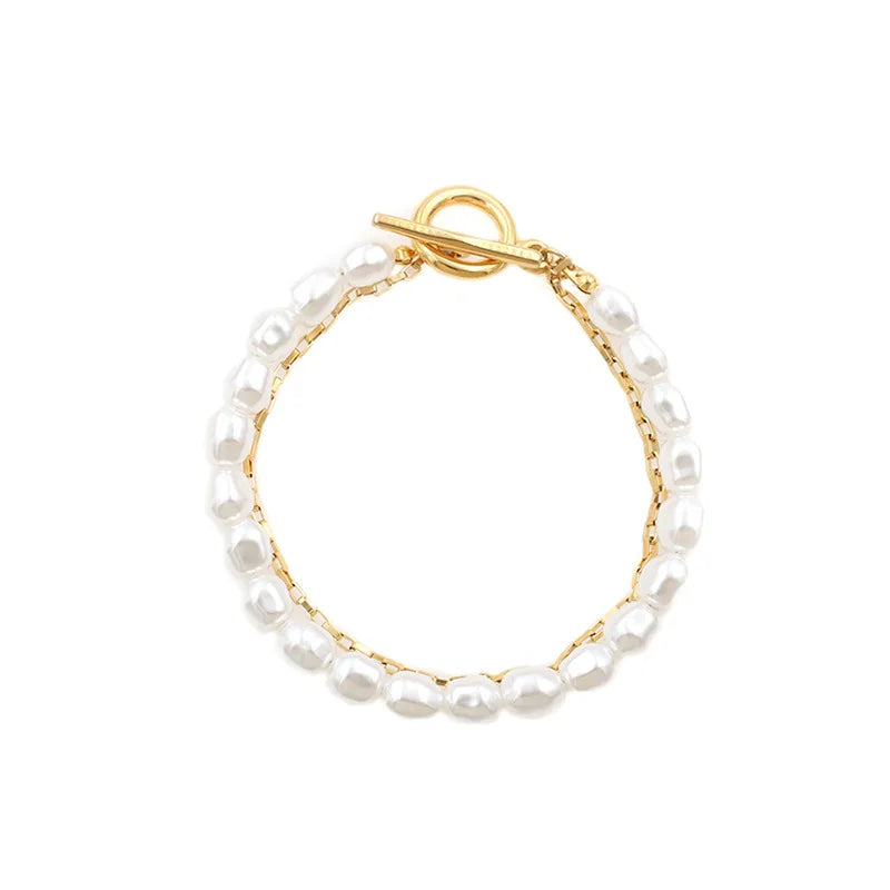 New Fashion Women Stainless Steel Ot Clasp Double-layer Pearl Bracelet