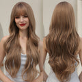 Factory Wholesale Long Body Wave Brown Wigs with Bangs Synthetic Wavy Hair Women Wig Daily Natural Looking False Hair