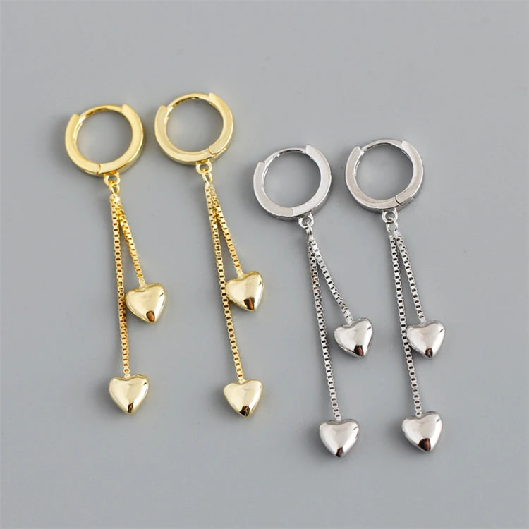 New Trendy 18k Gold 925 Sterling Silver Love Heart Box Chain Long Tassel Pendant Hoop Earrings