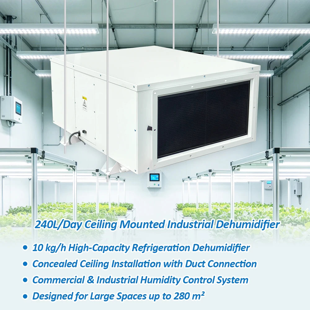 TOJJE Direct Manufacture Selling 240L/D Refrigerant Ceiling Mounted Industrial Dehumidifier for Grow Room Greenhouse Indoor Pool