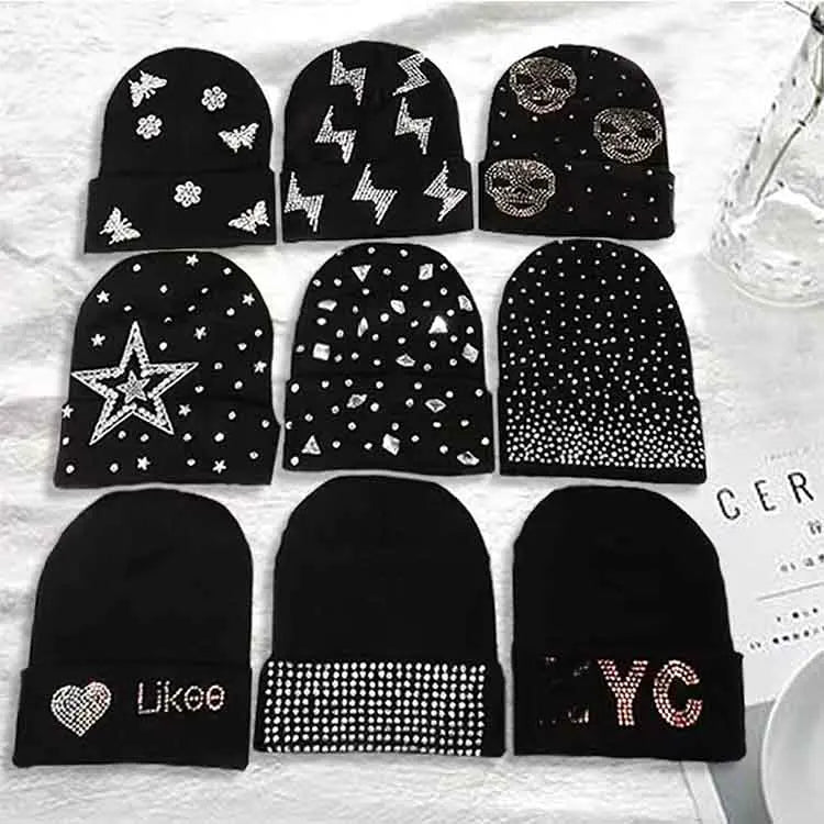 Flashing Rhinestone Beanie for Girl Skullies Hat Y2K Hip-hop Knitted Beanie Hats Kpop Streetwear Rock Casual Caps