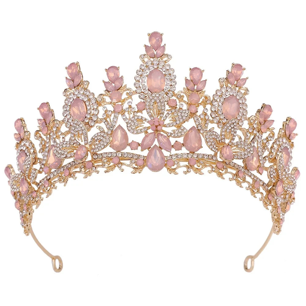 LUOXIN Luxury Women Green Blue Pink Wedding Party Opal Crystal Flower Tiara Crown