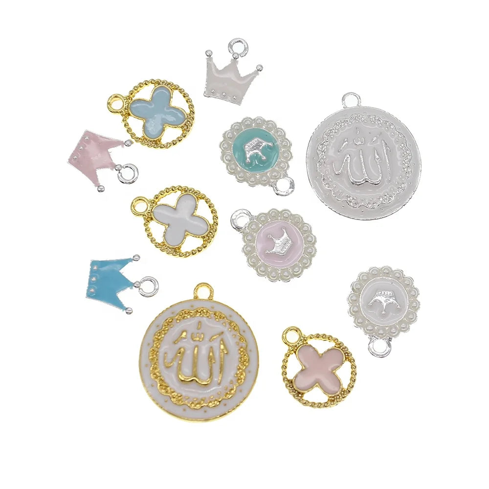 Mini Gold Plated Baby Pin Charms Enamel Muslim Islamic Allah Ribbon Bow-knot Crown Charms for Kids