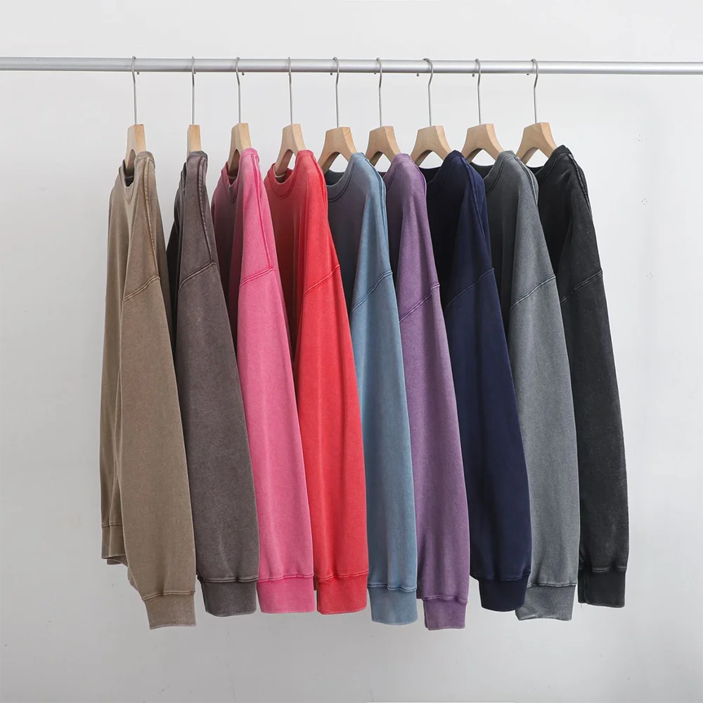 In Stock French Terry Mens Acid Wash Crewneck Sweatshirt Long Sleeve Shirts Vintage Hoodie Basic Loose Fit Tee Pullover Top