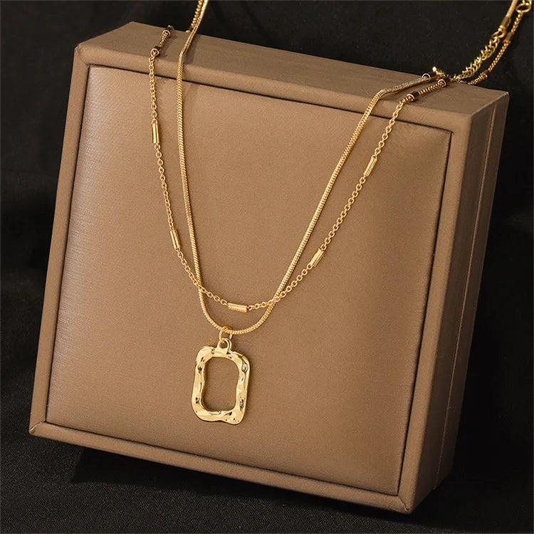 Hot Selling New Trendy Luxury Hip-Hop Fashion Jewelry Double Layered Design Geometric Pendant Necklace