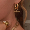 Fashion 18k Gold Earring Simple Design Fine Jewelry T bar Pendent Gold Hoops Earrings Stainless Steel Earrings Women