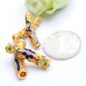 JS1703 Non Tarnish Blue Enamel Matte Gold Cloisonne Curved Tube BeadsOm Mani Padme Hum Cloisonne Curve Tube Prayer Jewelry Bead