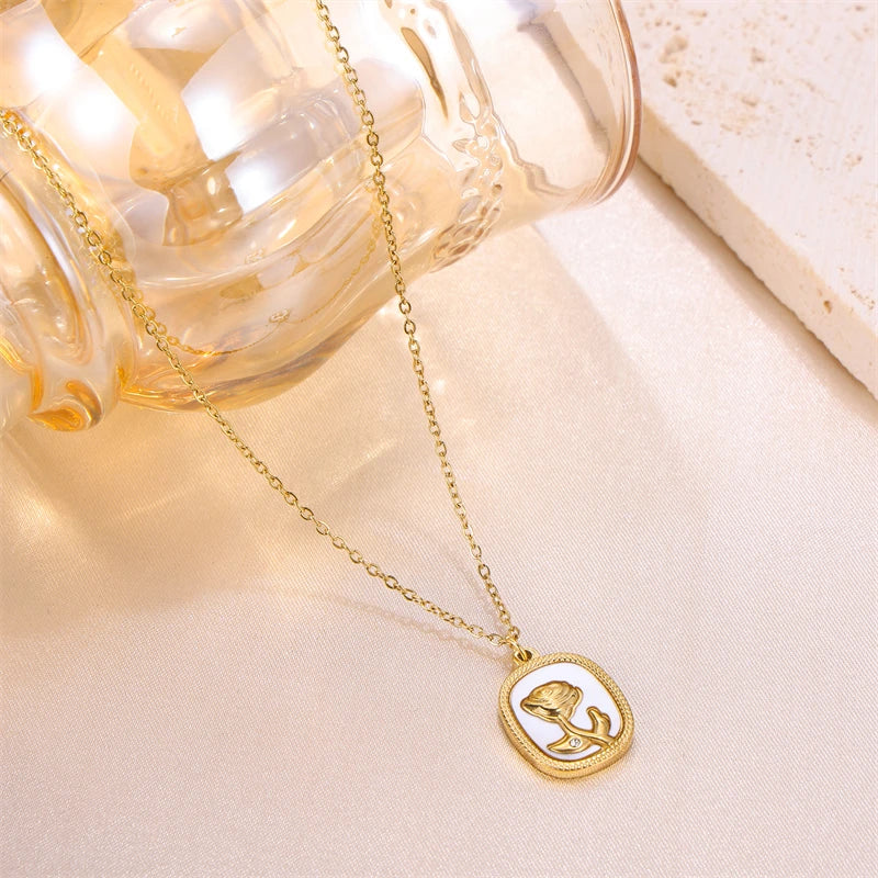 Women Fashion Stainless Steel Rose Necklace Gift Flower Signet Pendant Shell Necklace Gold 18K
