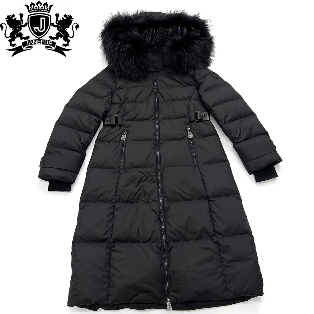 Janefur Cool Fashion Women's Winter Warm Hooded Thick Down Jacket with Fur Collar Ladies Long Puffer Coat with Fur Hood