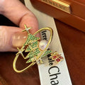 Green Christmas Tree & Starry Sky Multi Pearl Brooch with 3-4mm Natural Freshwater Pearls 18K Gold Plated AAAA Grade Unisex
