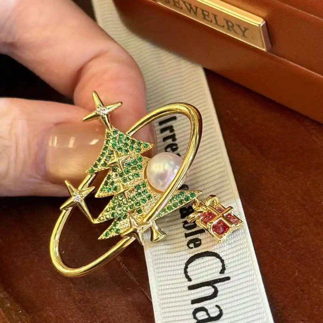 Green Christmas Tree & Starry Sky Multi Pearl Brooch with 3-4mm Natural Freshwater Pearls 18K Gold Plated AAAA Grade Unisex