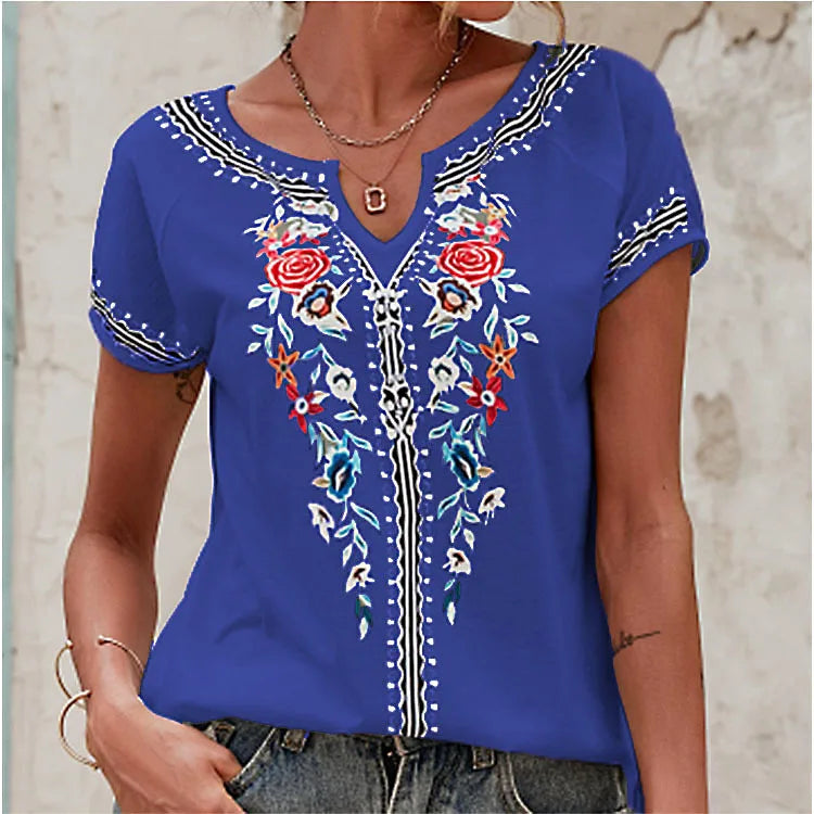 New Products Custom Ethnic Bohemian Style Flower Oversize Printed Short Sleeved T Shirt for Women Ladies