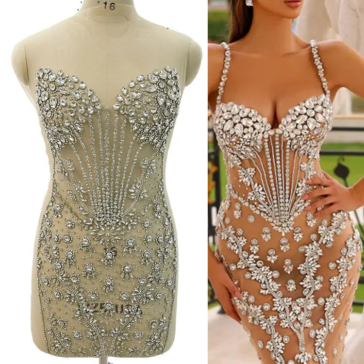 Keering Handmade Flower Rhinestone Dress Panel Wedding Gowns Dress Bridal Luxury Beaded Silver Glass Crystal Applique En Strass