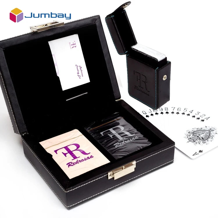 Luxury Wooden PU Leather Box Two Deck Playing Cards Poker Game Set With Pen and Notebook