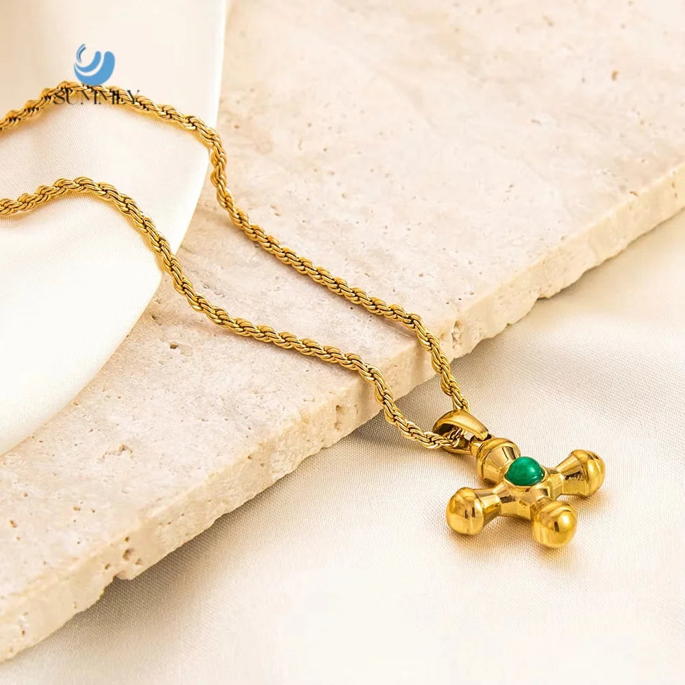 SUMMLY Vintage Wholesale Turquoise Cross Shape Pendant 18K Gold Plated Stainless Steel Necklace Fashion Jewelry