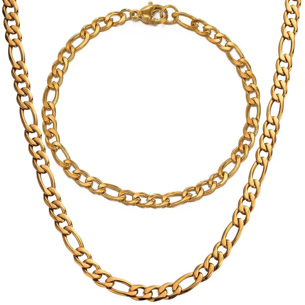 Street Boy Hiphops Figaro Chain Necklace Set Gold Stainless Steel Rope Chain Necklace Bracelet Cuban Chain Men Jewelry Set