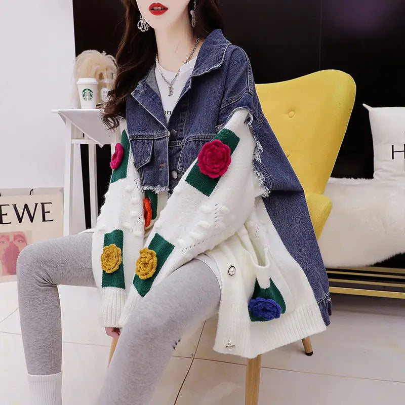 Boutique Wholesale 2026 Autumn New Fashionable Denim Spliced Sweater Loose Design Women's Jacket MegaBDM