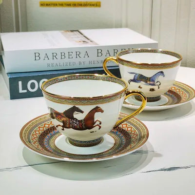 Hot Sale European Luxury Oriental Horse Porcelain Coffee Cup Saucer Set with Gift Box