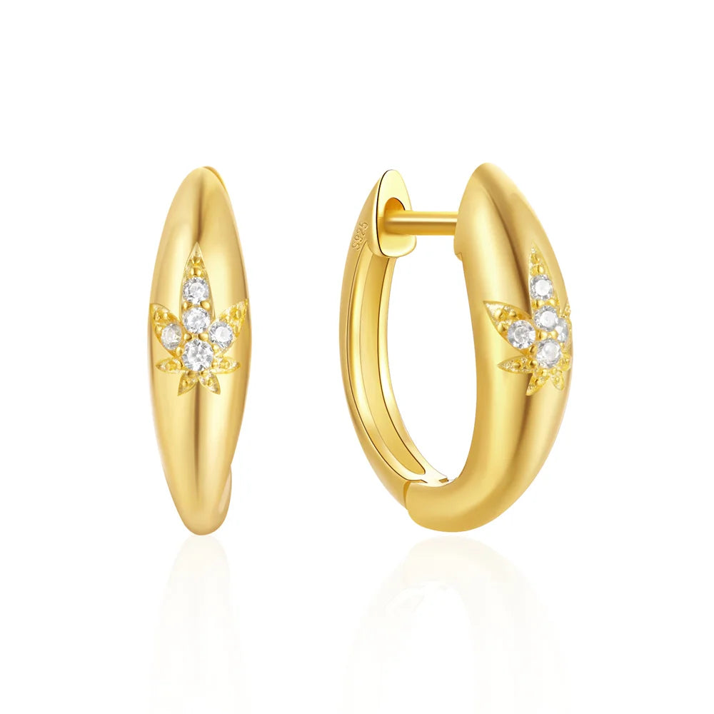Fashion Jewelry 925 Sterling Silver Earrings Leaf Shaped Cubic Zircon Gold Plated Hoop Earrings for Women