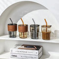 400ml Glass Banboo-styled Viral Coffee and Milk Gift Cup with Leather Sleeve Heat Insulation and Glass Straws