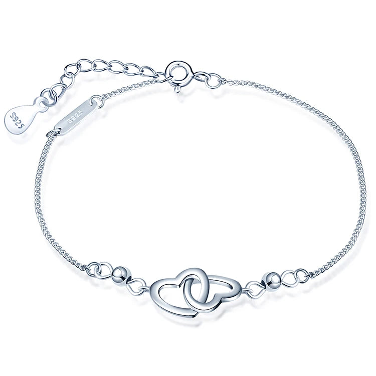 Double Heart Bracelet S925 Silver Women Heart Bracelets Adjustable Bracelet