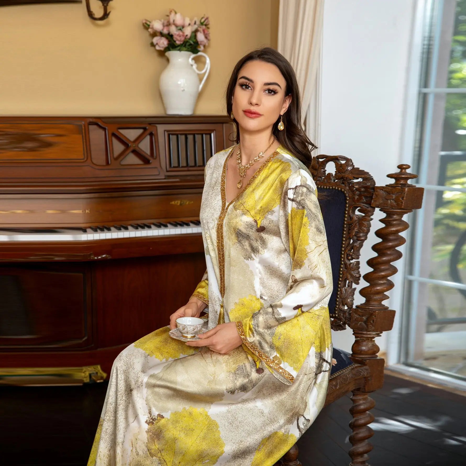 Muslim Eid Women Satin Printing V-Neck Maxi Long Dresses Turkish African Saudi Fashion Diamonds Abayas Moroccan Kaftan