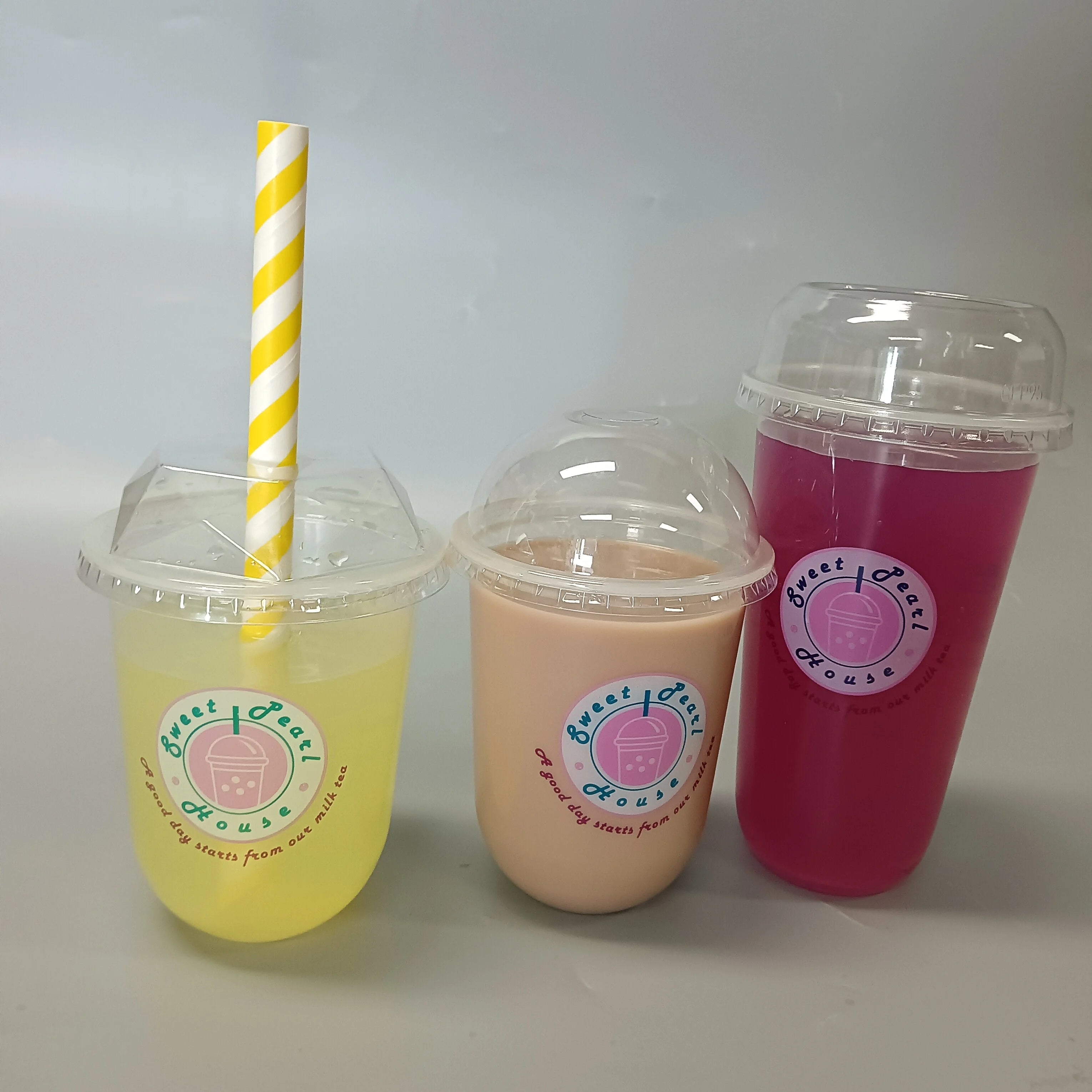 Custom Printed Disposable Reusable Transparent PET PP Plastic Cup Holder Bags Lids Straws Anti-Humidity Greaseproof Coating for
