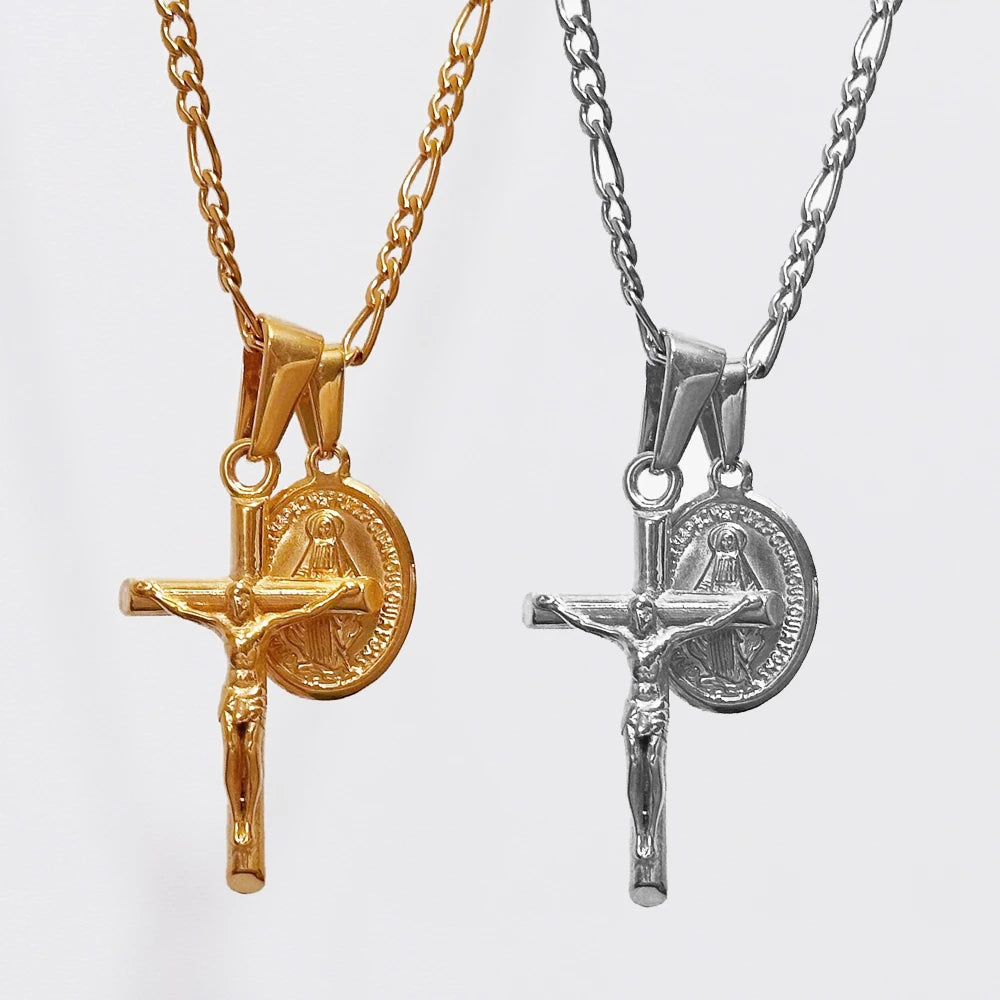 18k PVD Gold Plated Stainless Steel Jewelry Religious Christian Jesus Necklace Virgin Mary Cross Pendant Necklaces for Men Women