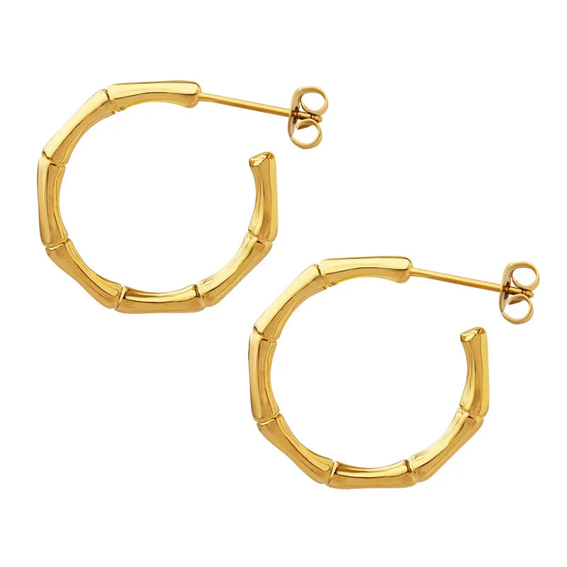 Simple Stainless Steel Gold Plated Bamboo Grain C Shaped Circle Earrings Titanium Steel Personalized Geometric C Shaped Earring