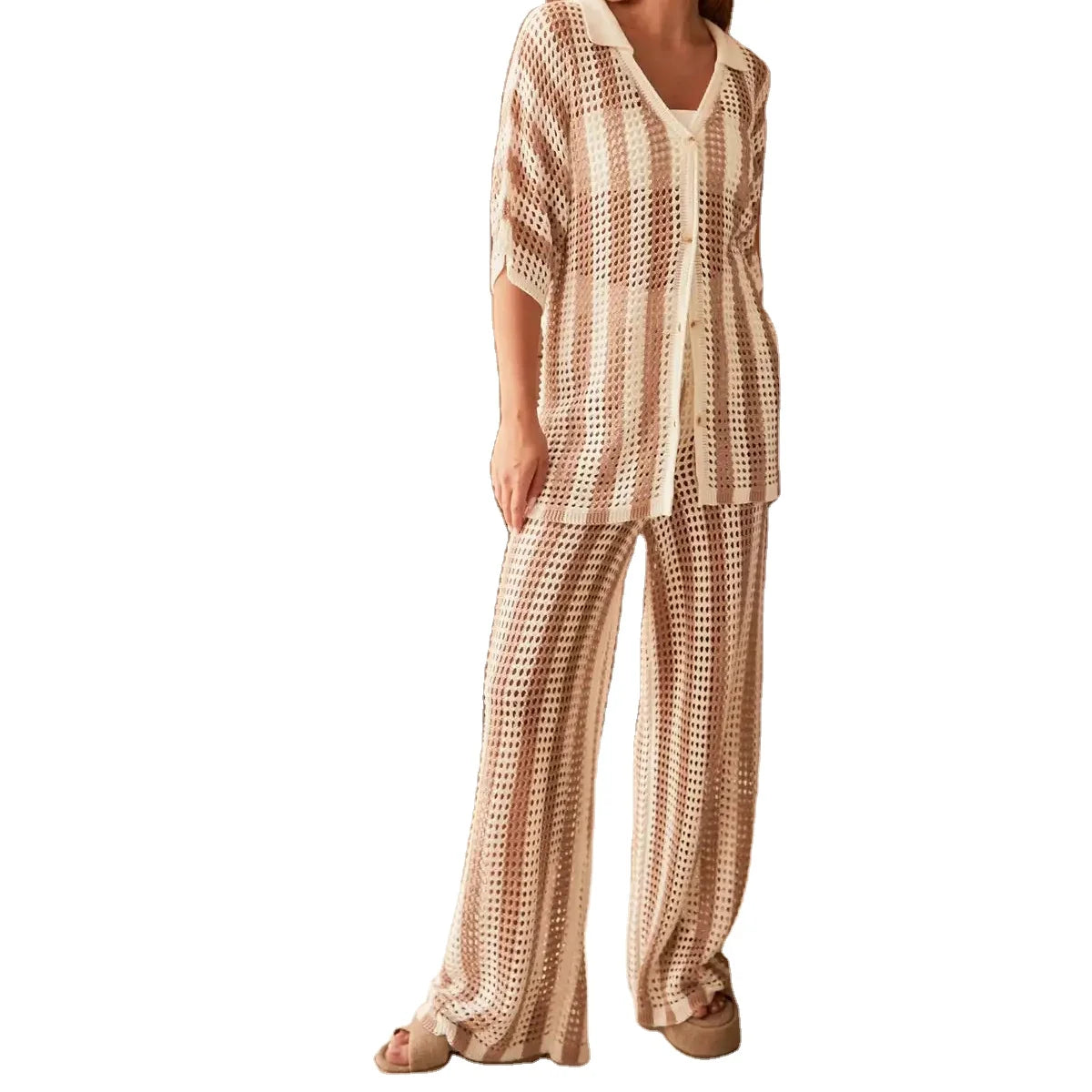 OEM ODM Custom Clothing Crochet Women's Knitted Pant Set Women Sweater 2 Piece Set
