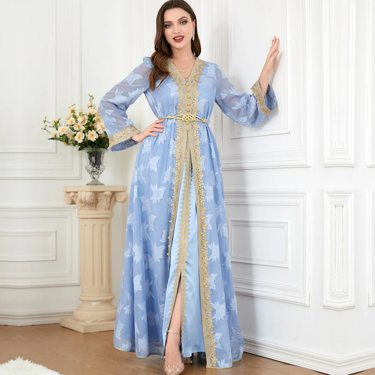 EID New Design Women Muslim Abaya Islamic Clothing Plain Color Kaftan Two-Piece Suit Dress Muslim Women Abayas