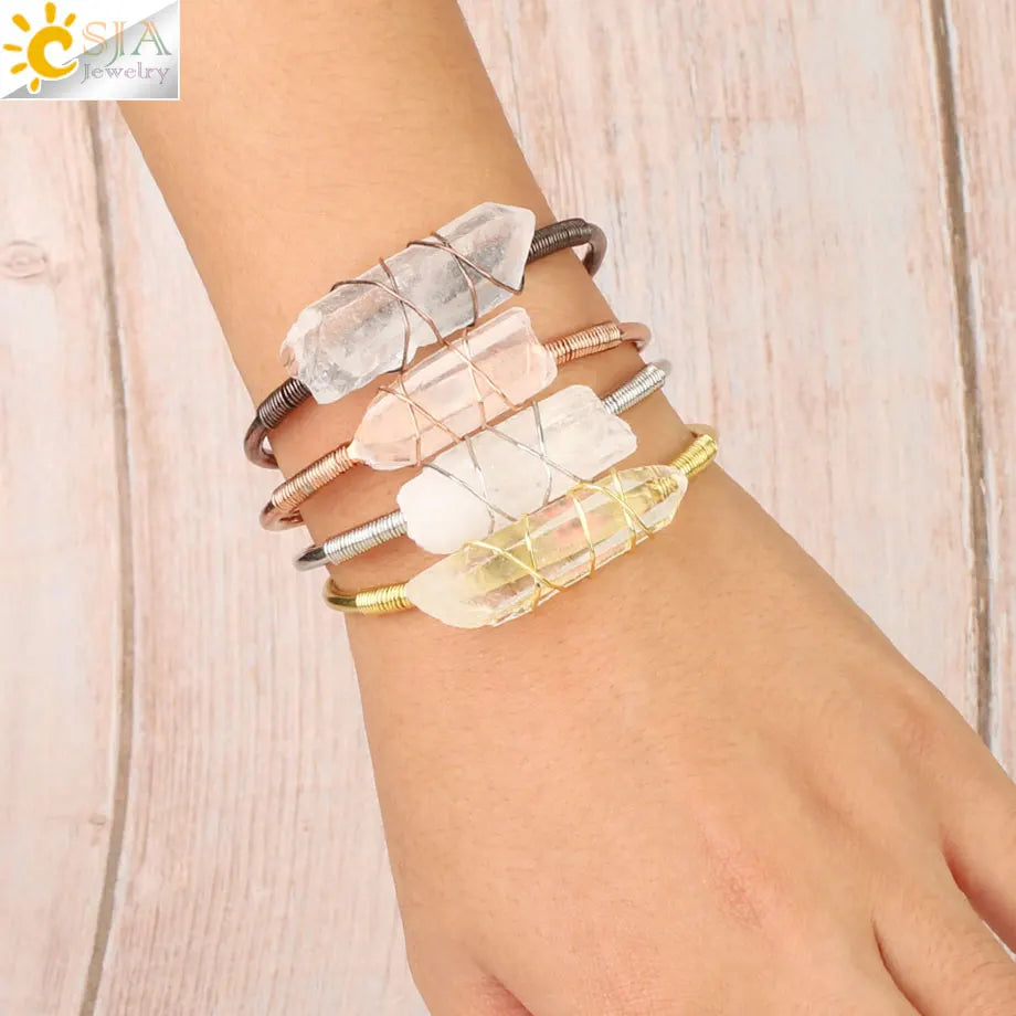 CSJA New Crystal Bangle Bracelet Wrapped Natural Raw White Crystal Gemstone Open Cuff Bracelet Healing Jewelry G168