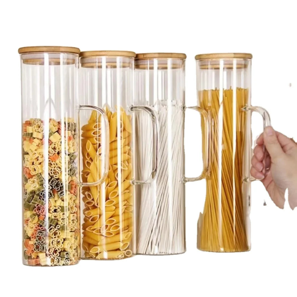 Best Selling Eco-Friendly Hand-made Kitchen Storage Tall Spaghetti Glass Jar Pasta Noodle Container Bamboo Lid + Silicone Pad