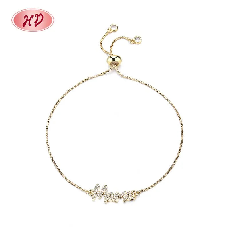 Wholesale Cubic Zirconia Fashion Jewelry Letter Push Pull 18K Gold Plated Hand Bracelet for Women Couple