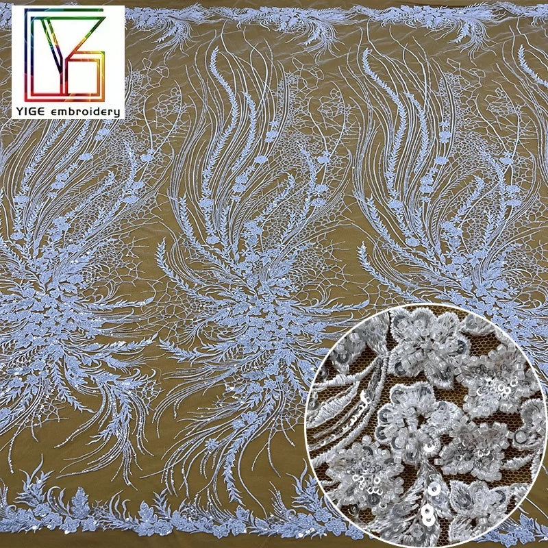 New Design French White Wedding Dress Crystal Beads Sequins Embroidery Lace Luxury Tulle Bridal Beaded Lace Fabric
