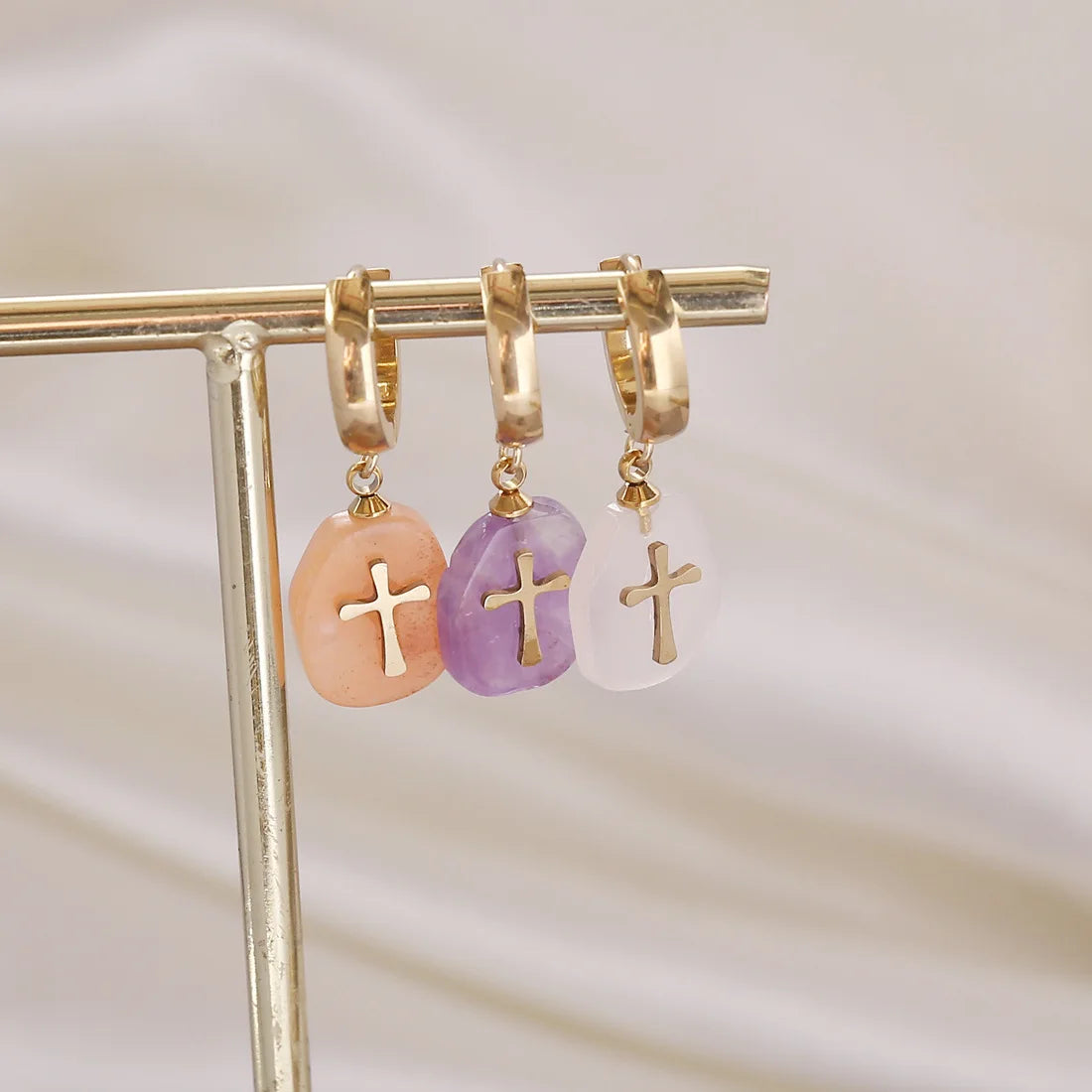 Crystal Quartz Stainless Steel 18K Gold Plated Custom Cross Pendant Earrings Women's Jewelry